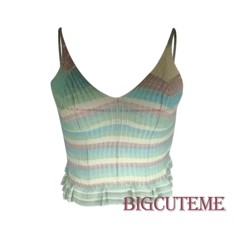 [] Áo Dệt Kim Không Tay Cổ Chữ V Ôm Dáng Họa Tiết Kẻ Sọc Thời Trang Mùa Hè Dành Cho Nữ