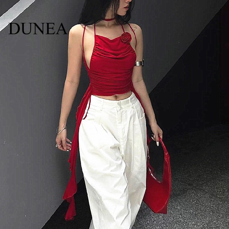 DUNEA Áo Hai Dây Nhún Bèo Hở Lưng In Họa Tiết Hoa 3D Cho Nữ