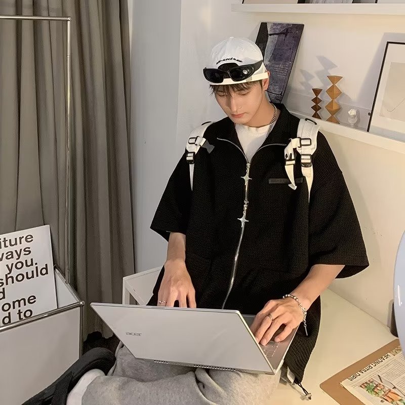 Áo Khoác Tay Ngắn Cổ Đứng Có Khóa Kéo Phong Cách Retro Mỹ Cá Tính Cho Nam Nữ