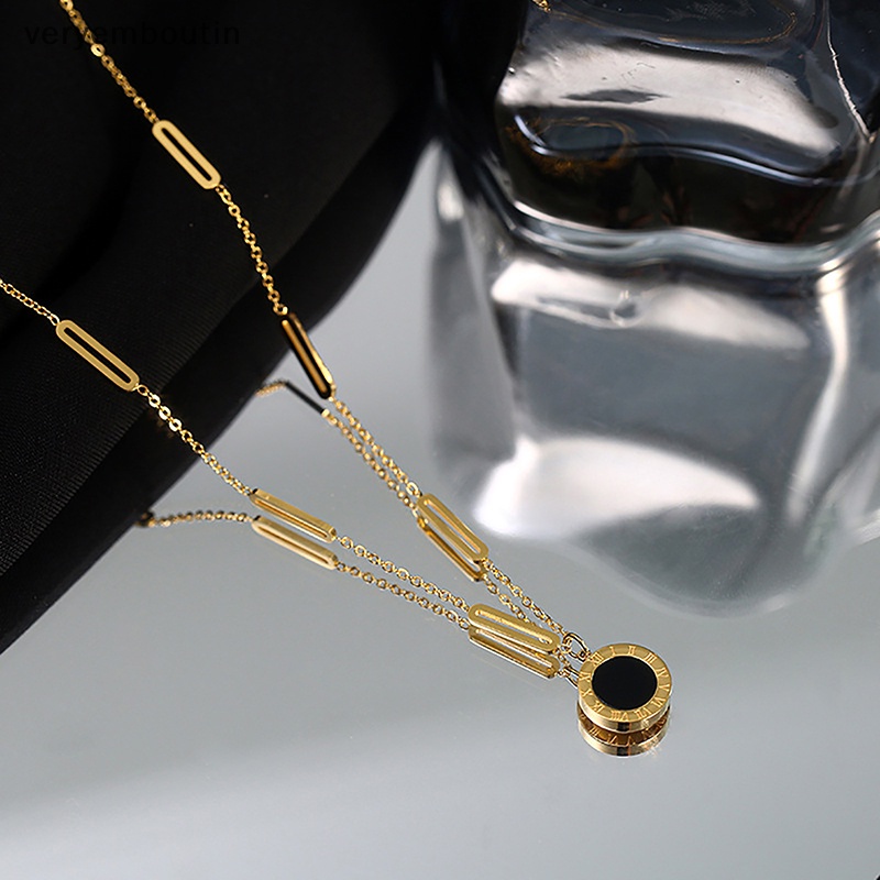 Vòng cổ Hai Mặt Hình Tròn Bằng Thép Titan Màu Trắng Đen Thời Trang Cho Nữ