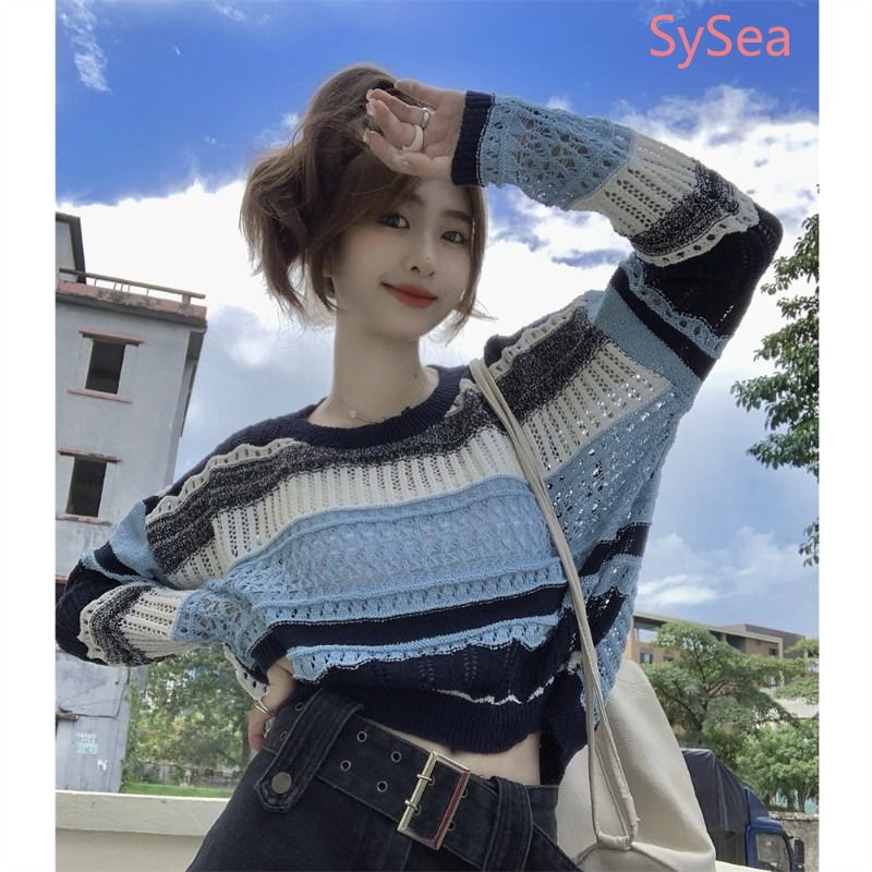 Áo Dệt Kim Tay Dài Họa Tiết Kẻ Sọc Thời Trang Mùa Hè Cho Nữ