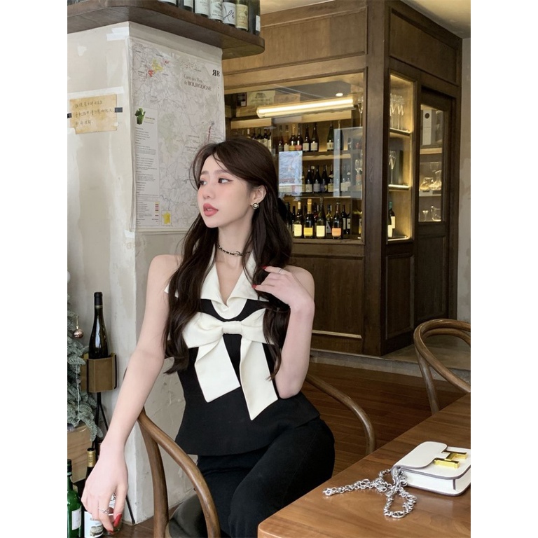 Áo Kiểu Ngắn Sát Nách Cổ Yếm Đính Nơ Thời Trang Mùa Hè Cho Nữ