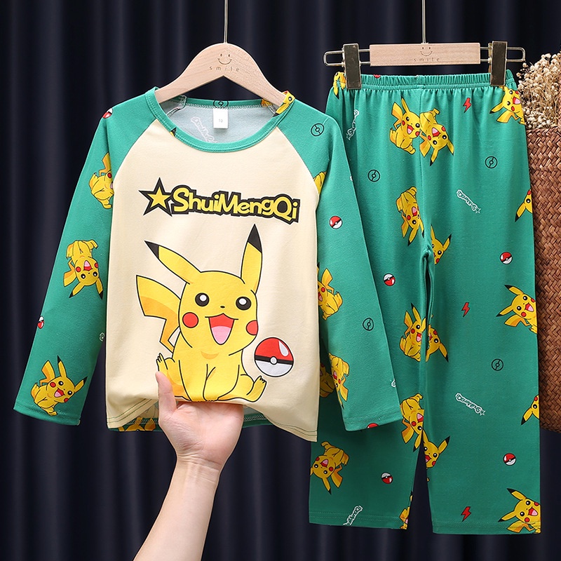 Bộ Đồ Ngủ Cho Bé Gái Áo Trai Tay Dài In Họa Tiết Hoạt Hình Pokemon Pikachu Dễ Thương Thoải Mái Pijama Cho Bé