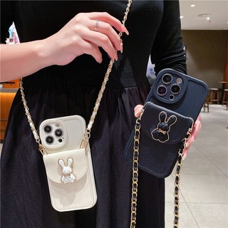 Ins Đen Trắng Với Dây Kim Loại Đựng Thẻ Ví Cho IPhone Case 16 15 14 Pro Max 11 13 12 X Xs Xr Max Catoon Rabbit Pro Max Vỏ Bảo Vệ Chống Sốc Vỏ Điện Thoại
