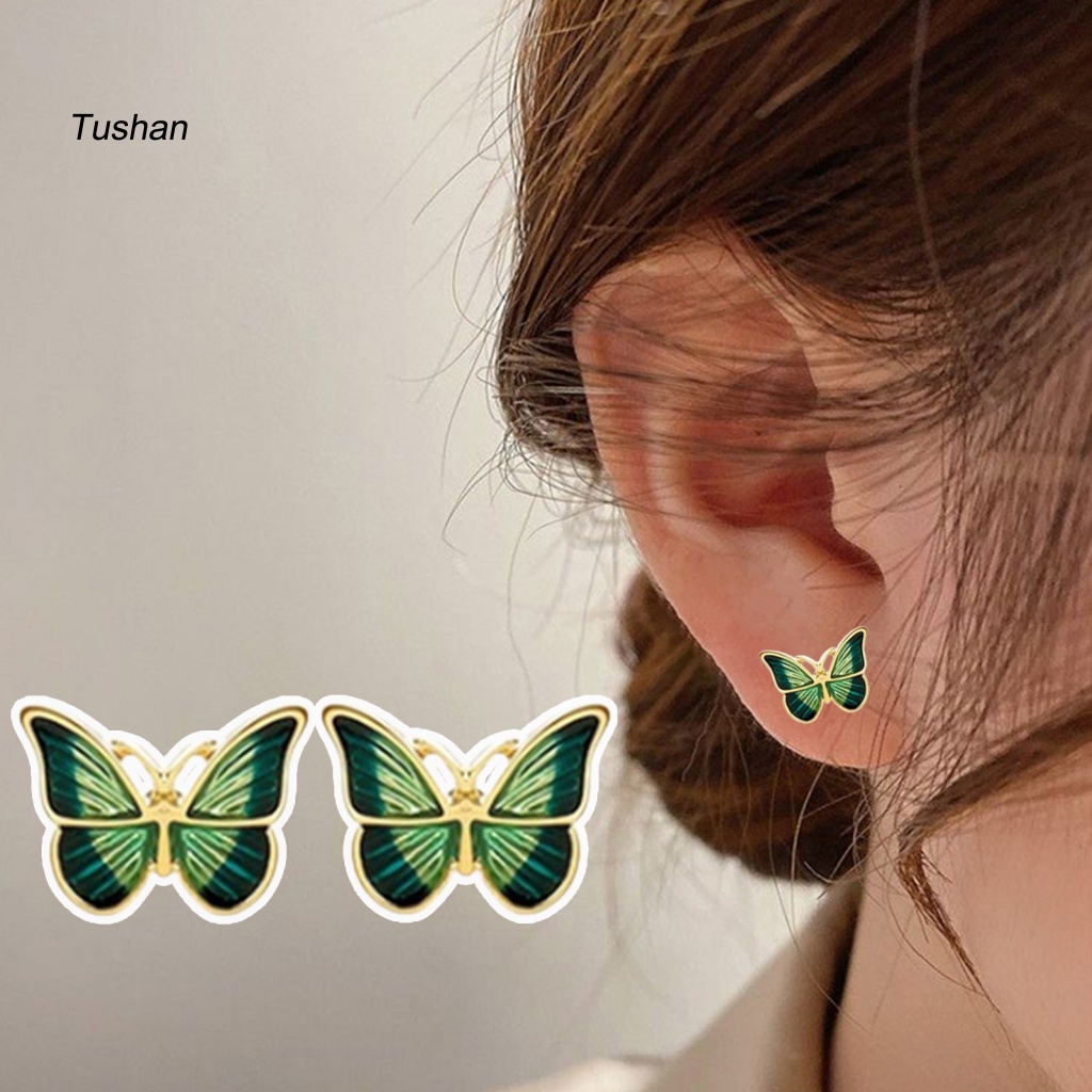 1 Đôi Bông Tai Hình Bướm Màu Xanh Lá Phong Cách Hàn Quốc