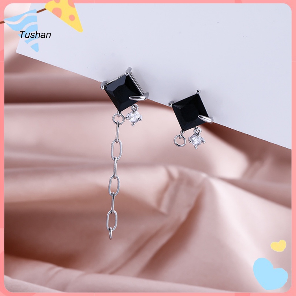 1 Đôi Bông Tai Xích Đính Đá Zircon Màu Đen Dễ Phối Đồ Phong Cách Hip Hop Thời Trang Cho Nữ