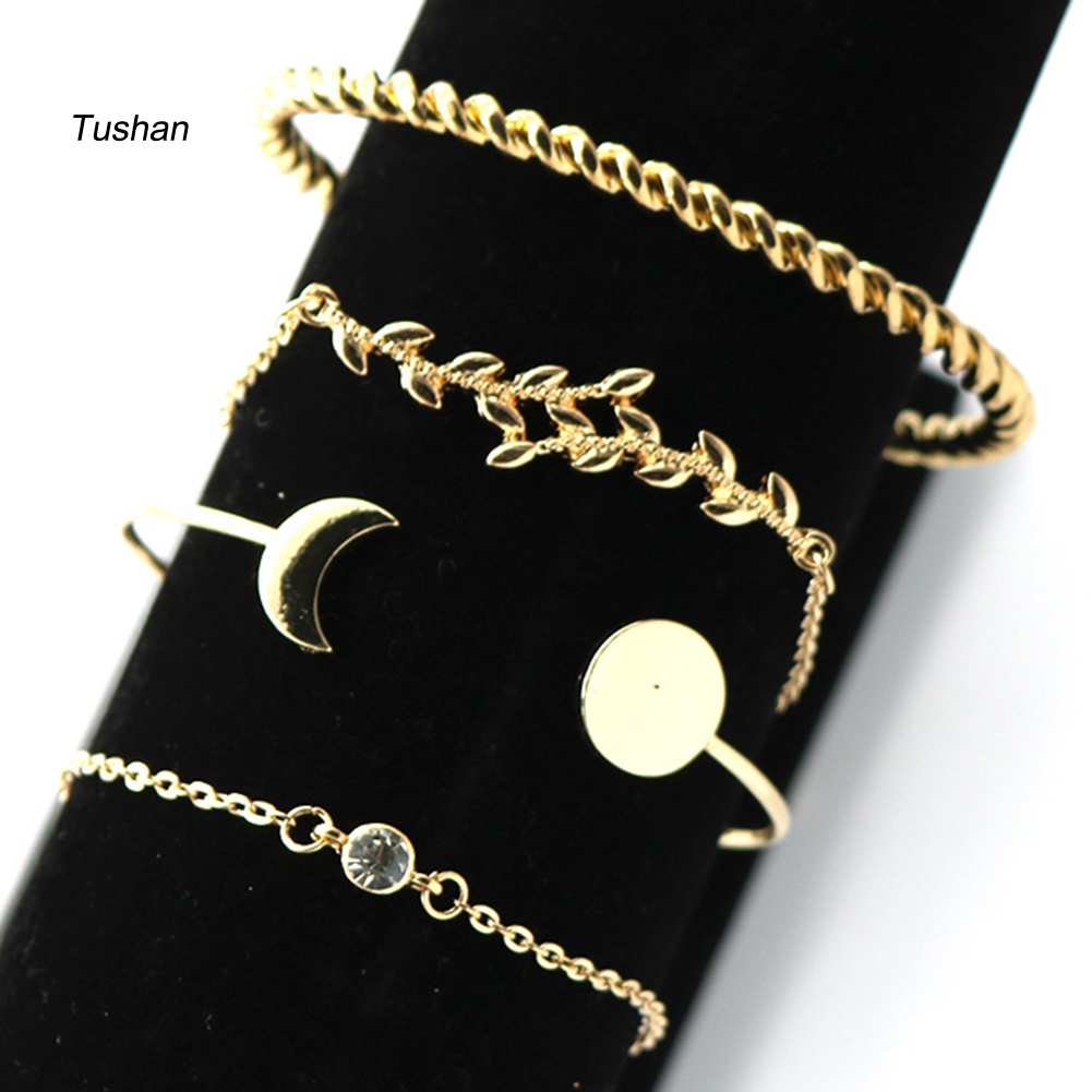 Set 4 Vòng Tay Hở Hình Mặt Trăng / Chiếc Lá Đính Đá Thời Trang Cho Nữ
