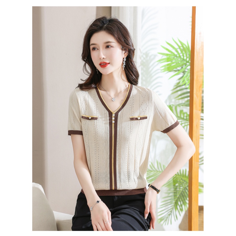 Áo Thun Tay Ngắn Cổ Chữ V Bằng Lụa Lạnh Mỏng Dáng Rộng Phong Cách Thời Trang Mùa Hè Mới