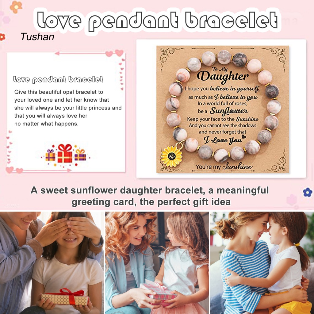 [Ts] Vòng Tay Chuỗi Hạt Hoa Hướng Dương Với Thẻ Truyền Cảm Hứng Co Giãn Điều Chỉnh Được Hạt Đá Tròn