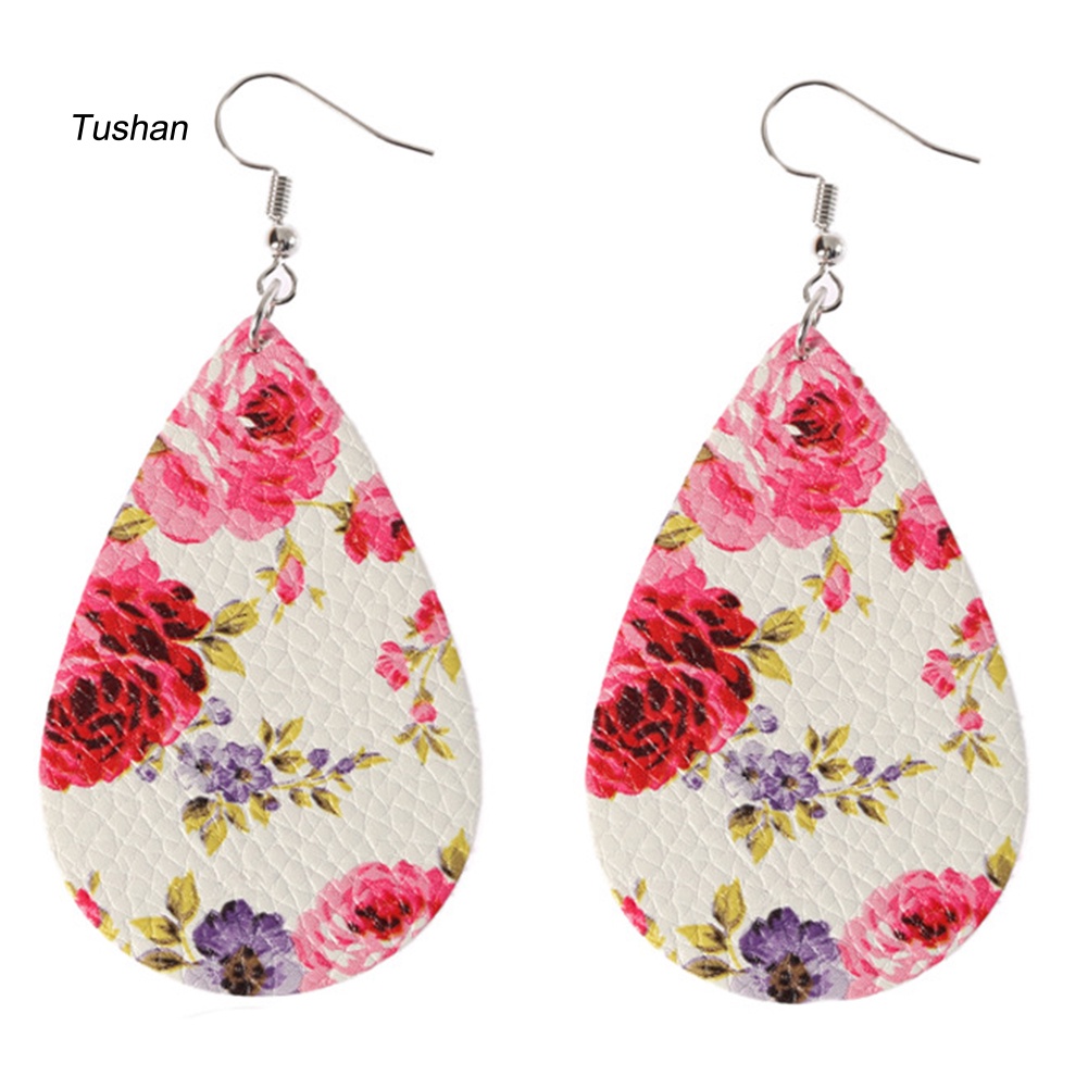Đôi Khuyên Tai Dài Hình Giọt Nước In Hoa Chất Liệu Giả Da Thời Trang Cho Nữ