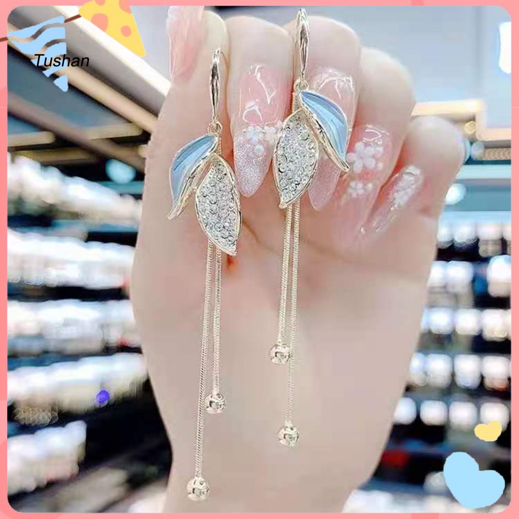 1 Đôi Bông Tai Hình Chiếc Lá Đính Đá Thời Trang