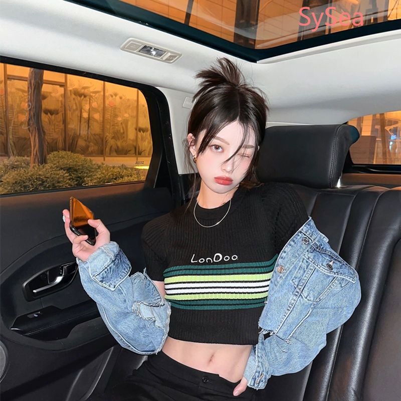 Áo Dệt Kim Dáng Ôm Họa Tiết Kẻ Sọc Phong Cách Retro Mỹ Thời Trang Cho Nữ