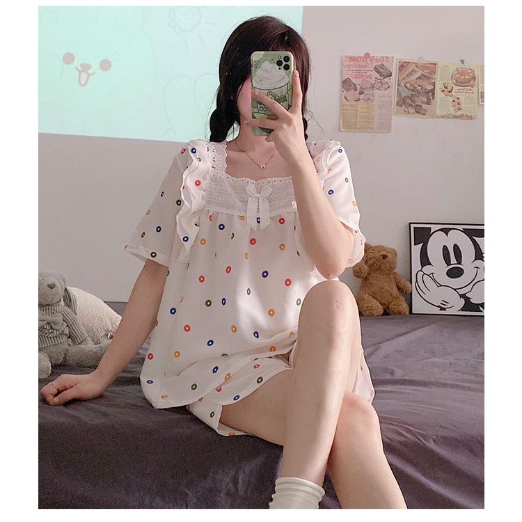 Champray Bộ Đồ Ngủ Ngắn Tay Phong Cách Công Chúa Ngọt Ngào Mùa Hè Cho Nữ