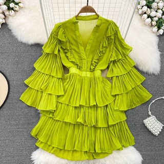 Đầm Dáng Chữ A Lưng Cao Xếp Tầng Viền Bèo Cổ Chữ V Thời Trang Mùa Hè Quyến Rũ Cho Nữ