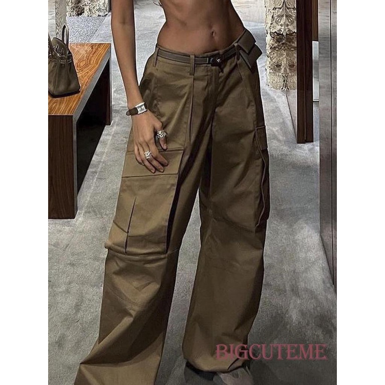 [] - Quần Dài Dáng Rộng Màu Trơn Cài Nút Có Túi Và Khóa Kéo Cho Nữ