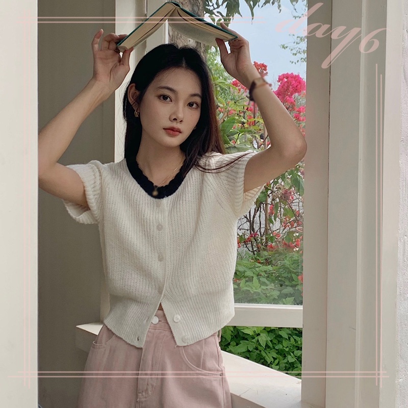 Áo Croptop Dệt Kim Tay Ngắn Cổ Tròn Màu Sắc Tương Phản Ngọt Ngào Thời Trang Cho Nữ