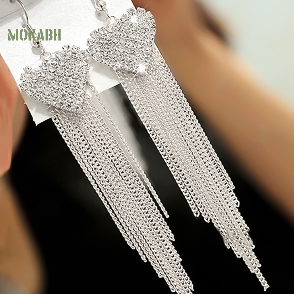 Bông Tai Dáng Dài Hình Trái Tim Phối Tua Rua Thời Trang Dự Tiệc Cho Nữ