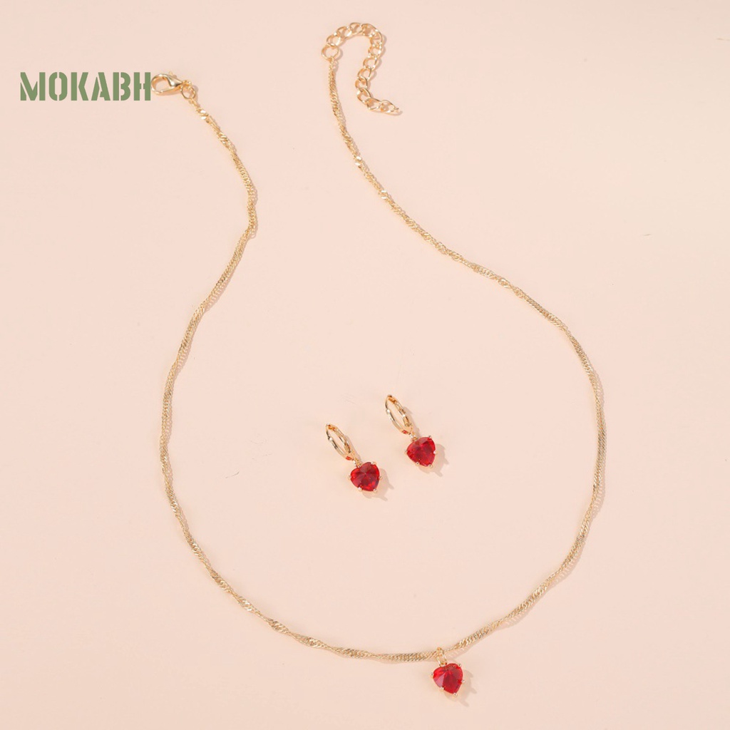 Bộ Vòng cổ + Bông Tai Hình Trái Tim Đính Đá Zircon Lấp Lánh Ngọt Ngào