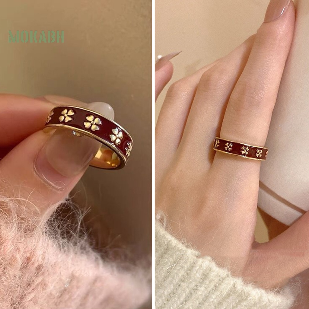 [Mới] Nhẫn Dạng Mở Hình Cỏ Bốn Lá Bằng Kim Loại Tráng Men Màu Đỏ Thanh Lịch Có Thể Điều Chỉnh Kích