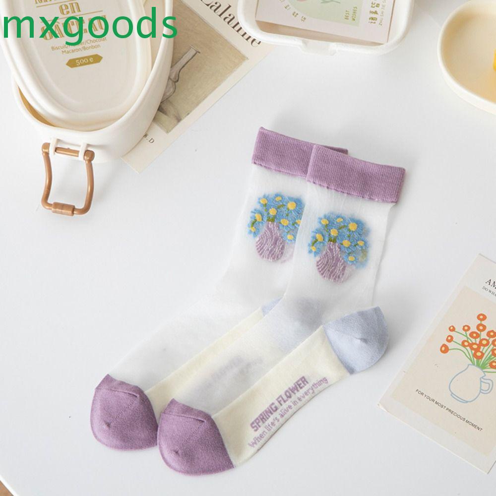 Mxgoods Vớ Lụa Nylon Mỏng Thấm Hút Mồ Hôi Thoáng Khí Họa Tiết Hoa Phong Cách Hàn Quốc
