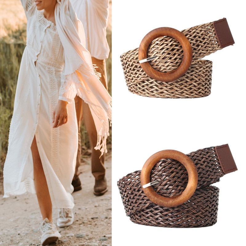 Thắt Lưng Dây Vải Dệt Tay Khóa Tròn Bản Rộng Co Giãn Phong Cách Bohemian Dành Cho Nữ