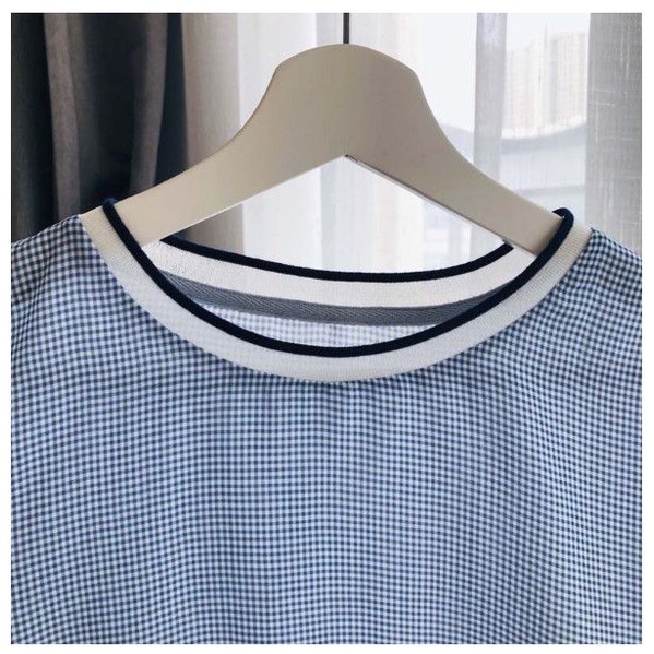 Áo Sơ Mi Chiffon Tay Ngắn Dáng Rộng Họa Tiết Caro Màu Xanh Dương Viền Gỗ Thời Trang Mùa Hè Hàn Quốc Cho Nữ