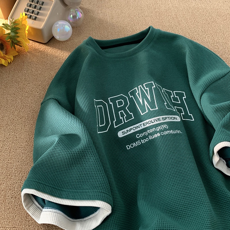 Áo Thun Cotton Ngắn Tay Dáng Rộng Giả Hai Lớp Phong Cách Retro Mỹ Mùa Hè Cho Nam