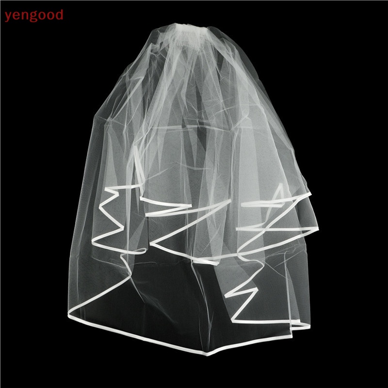 (YGD) Mạng Che Mặt Cô Dâu Hai Lớp Viền Ren Ngà Trắng Và Chim Ngà