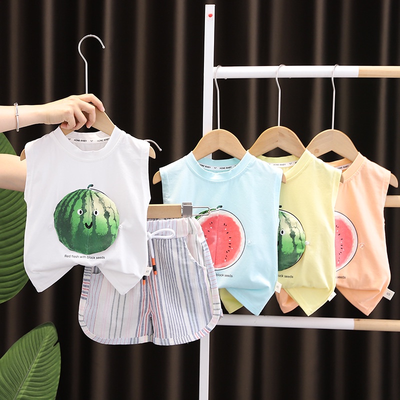 Bộ Áo Sát Nách Cổ Tròn In Hình Dưa Hấu + Quần Sooc Dây Rút Thời Trang Cho Bé Trai Sơ Sinh