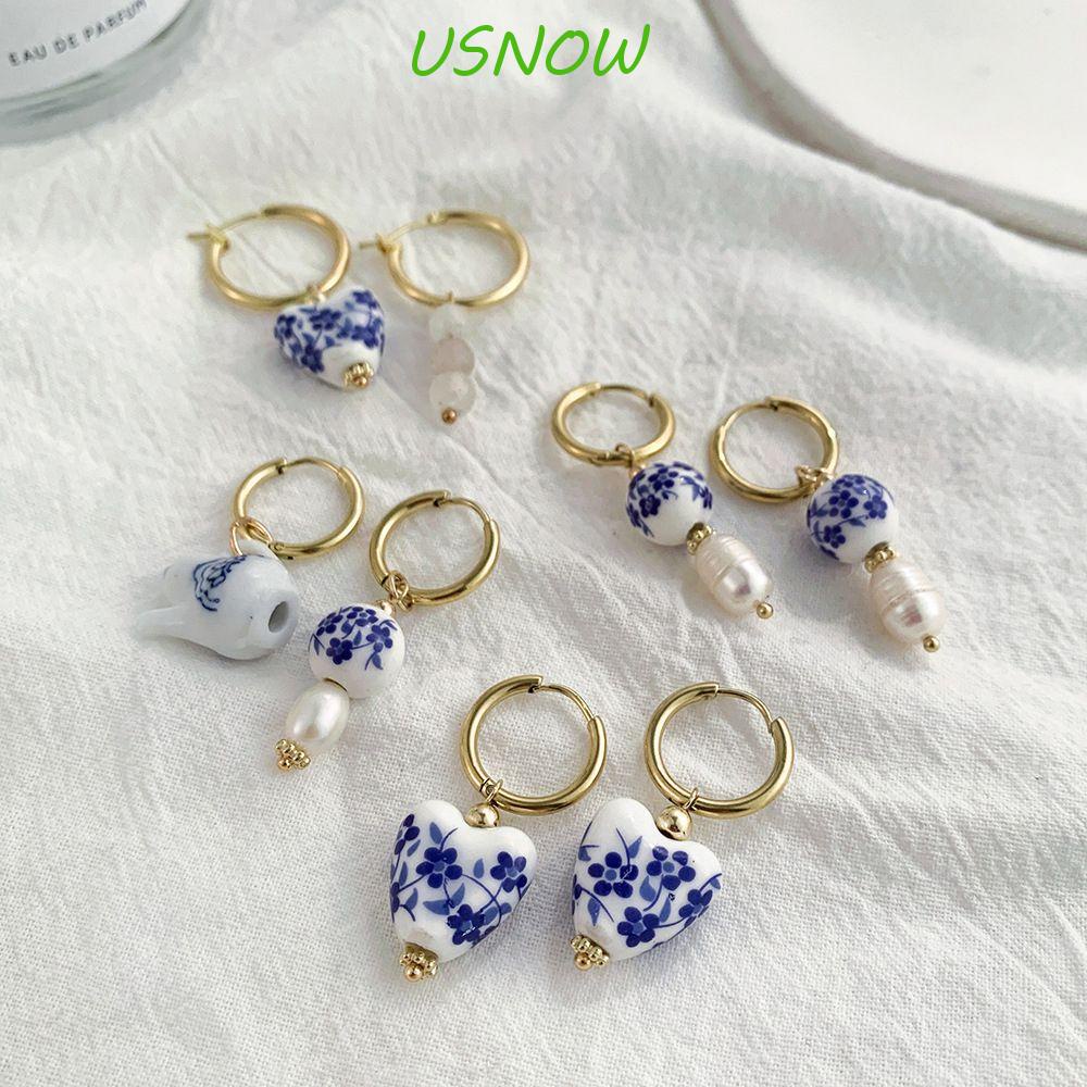 Bông Tai Hình Ấm Trà Bằng Gốm Sứ Màu Xanh Dương Và Trắng Phong Cách Retro Ngọt Ngào Cho Nữ