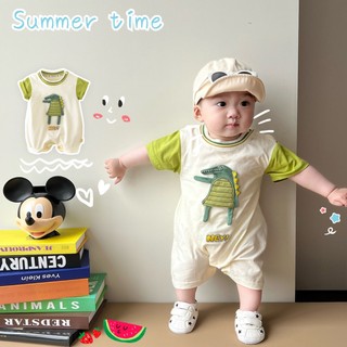 Áo Liền Quần Tay Ngắn Bằng Cotton In Họa Tiết Khủng Long Hoạt Hình Phong Cách Hàn Quốc Thời Trang Mùa Hè Cho Bé 0-2 Tuổi
