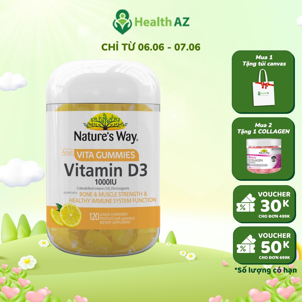 Kẹo dẻo bổ sung Vitamin D3 1000IU Nature's Way giảm loãng xương, tăng miễn dịch cho người lớn_Hộp 120 viên