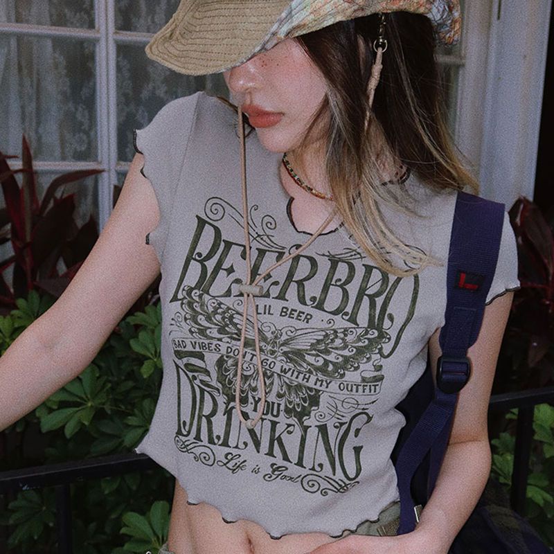 Áo Thun Tay Ngắn Cổ Chữ V Viền Gợn Sóng Thời Trang Mùa Hè Phong Cách Mỹ Cho Nữ