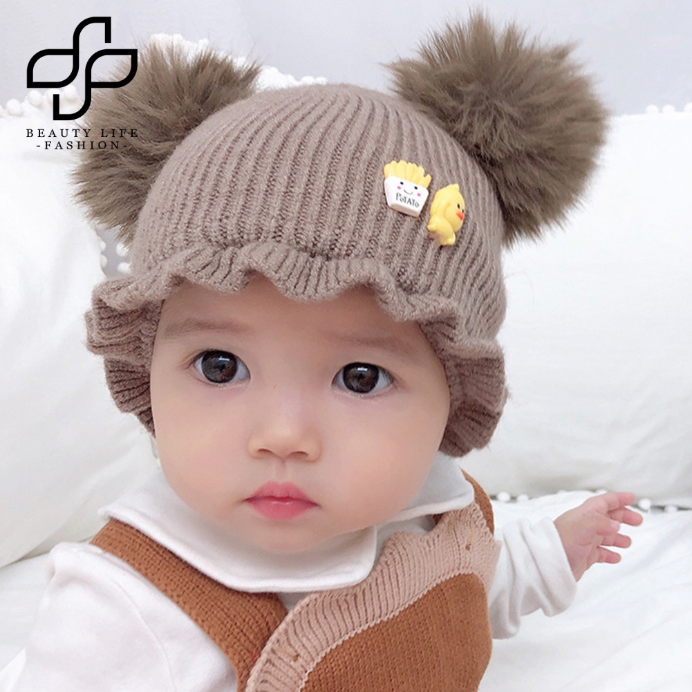 Mũ Len Beanie Đính Quả Cầu Lông Xù Giữ Ấm Tai Thời Trang Dành Cho Bé
