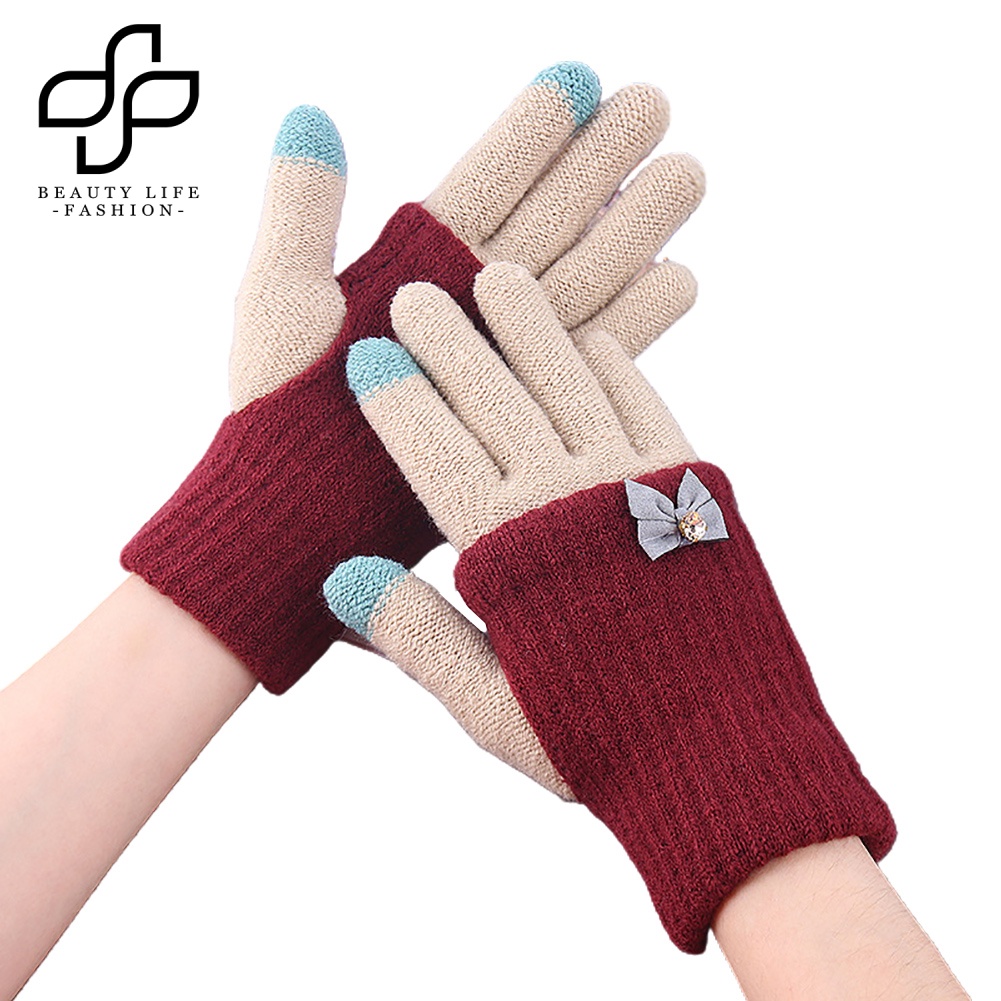 Đôi Găng Tay Len Hở Ngón Gắn Nơ Có Thể Dùng Màn Hình Cảm Ứng Thời Trang Cho Nữ