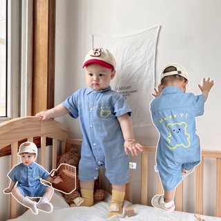 Bộ áo liền quần denim ngắn tay in hình gấu hoạt hình siêu dễ thương thời trang mùa hè phong cách Hàn Quốc cho bé trai và bé gái 0-24 tháng tuổi