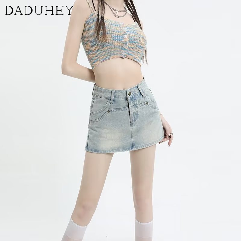 Chân váy denim DADUHEY lưng cao dáng chữ A thời trang retro phong cách Hàn Quốc cho nữ