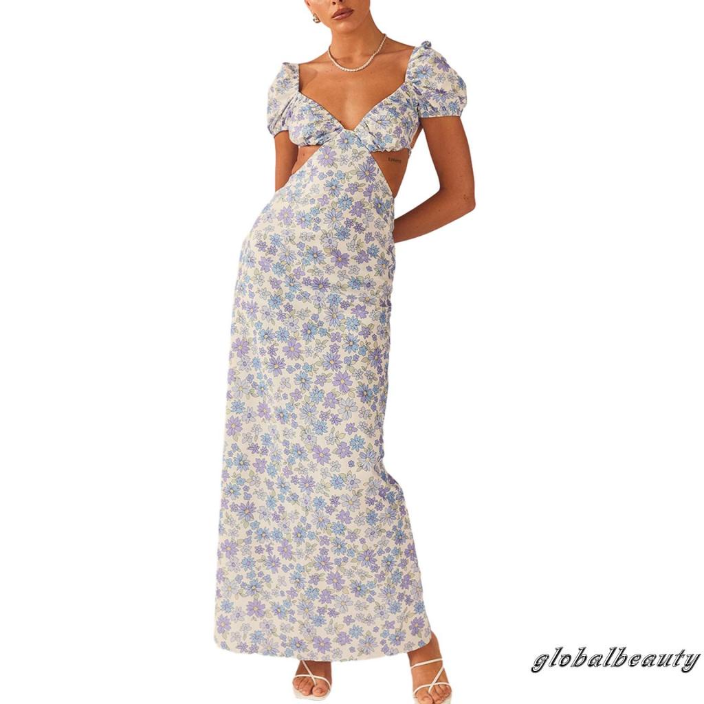 Đầm Dài Hở Lưng Tay Ngắn Họa Tiết Hoa Thời Trang Mùa Hè Cho Nữ