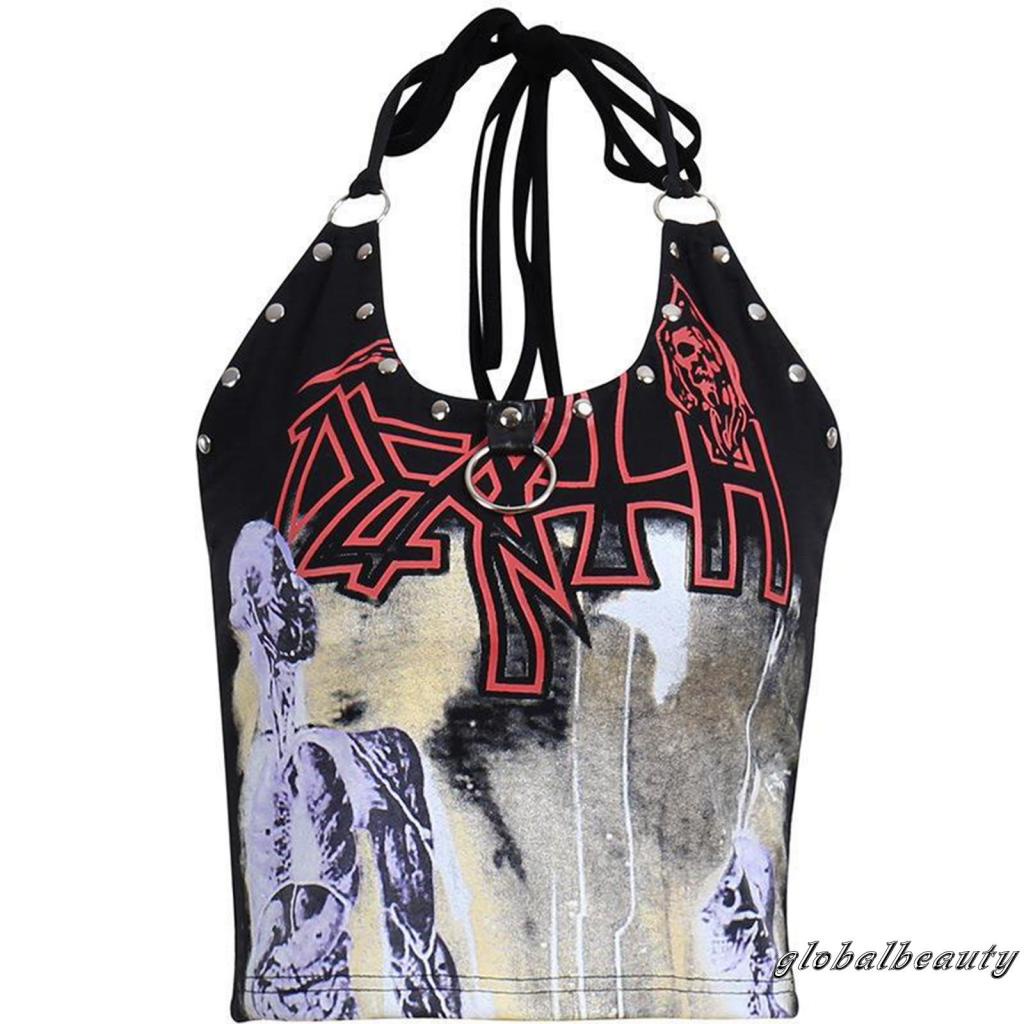 Áo Croptop Sát Nách Hở Lưng In Họa Tiết Đầu Lâu Đính Đinh Tán Phong Cách Gothic Thời Trang Mùa Hè Cho Nữ