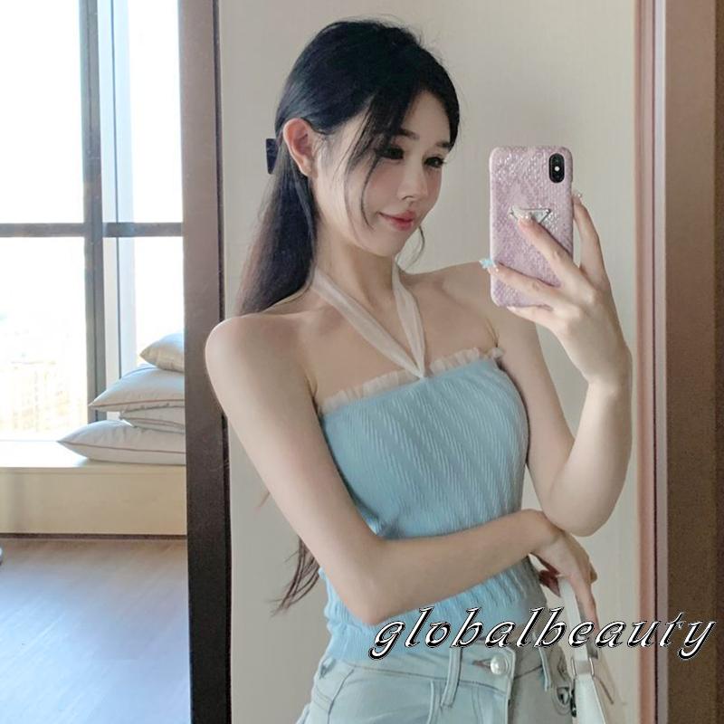 Áo Kiểu Vải Tuyn Không Tay Hở Lưng Phối Dây Cột Thời Trang Mùa Hè Cho Nữ