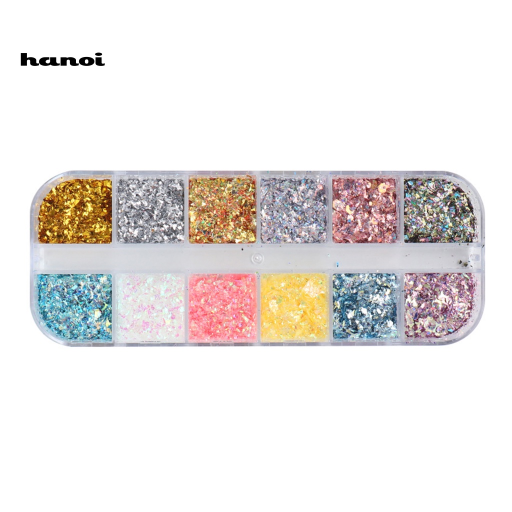 Hộp 12 Ngăn Lá Vàng / Bạc Lấp Lánh Trang Trí Móng Tay DIY