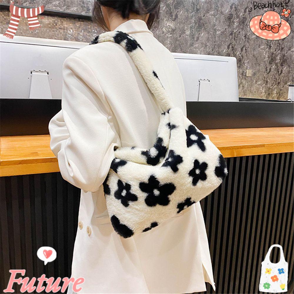 Túi Tote Đeo Vai Phủ Lông In Họa Tiết Hoa Xinh Xắn Thời Trang