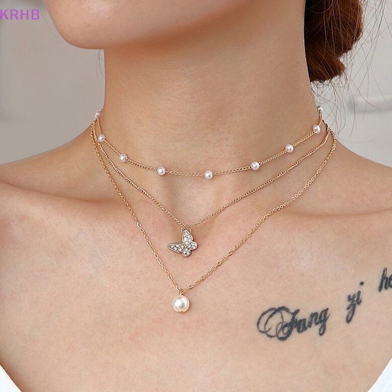 Vòng Cổ Choker Nhiều Lớp Mặt Hình Bướm Và Ngọc Trai Thanh Lịch Dành Cho Nữ Mới
