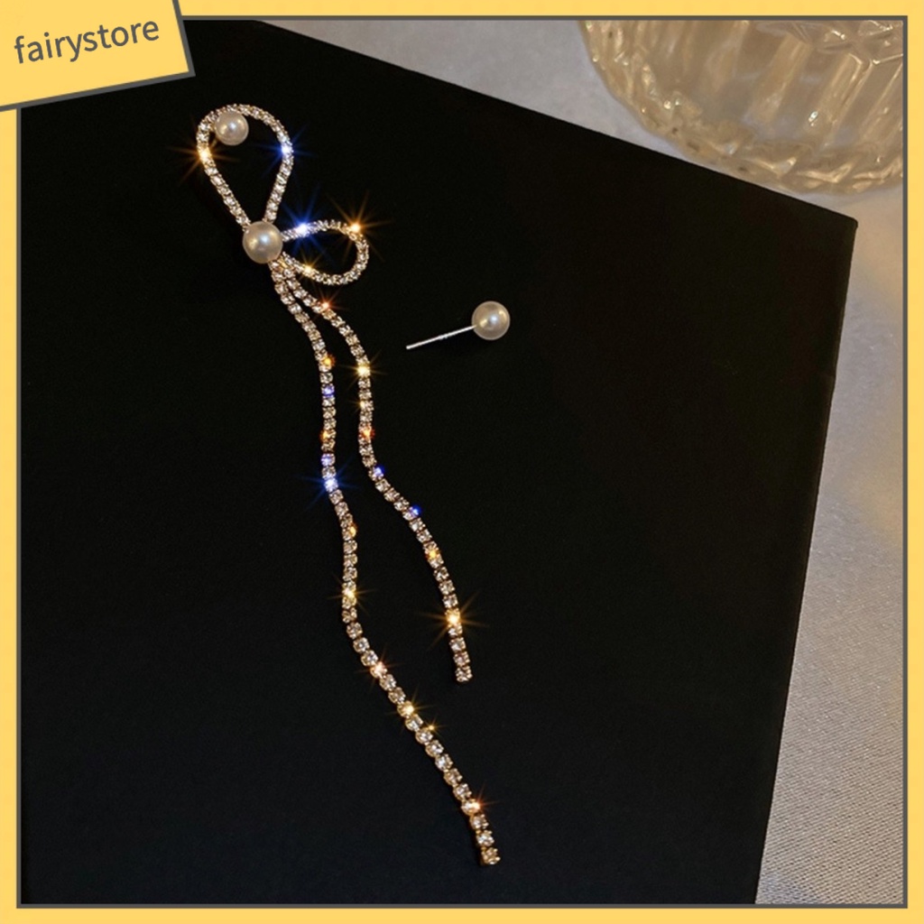 1 Đôi Bông Tai Tua Rua Dài Đính Đá &amp; Ngọc Trai Giả