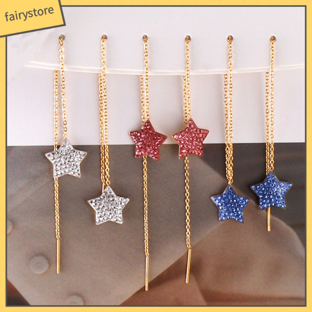 1 Đôi Khuyên Tai Dạng Hạt Tua Rua Thẳng Hình Ngôi Sao Năm Cánh Phong Cách Âu Mỹ Thời Trang Cao Cấp