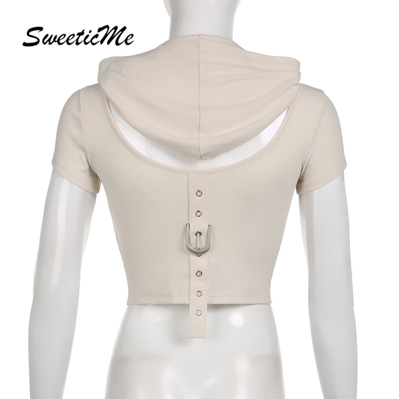 Áo Hoodie Tay Ngắn Màu Trơn Dáng Ôm Hở Lưng Phối Khóa Kéo Thời Trang 2023 Cho Nữ