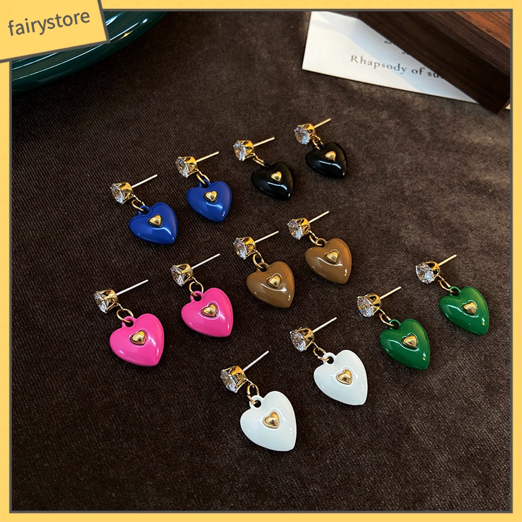 1 Đôi Bông Tai Hình Trái Tim Đính Đá Zircon Màu Sắc Tươi Sáng Dành Cho Nữ