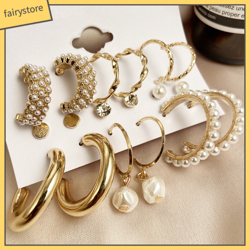 Set 9 Đôi Bông Tai Tròn Đính Đá / Ngọc Trai Giả Thời Trang Cho Nữ