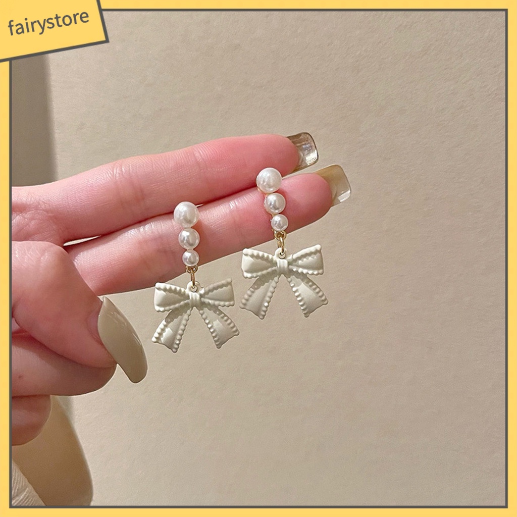 1 Đôi Bông Tai Hình Nơ Đính Ngọc Trai Nhân Tạo Phong Cách Hàn Quốc