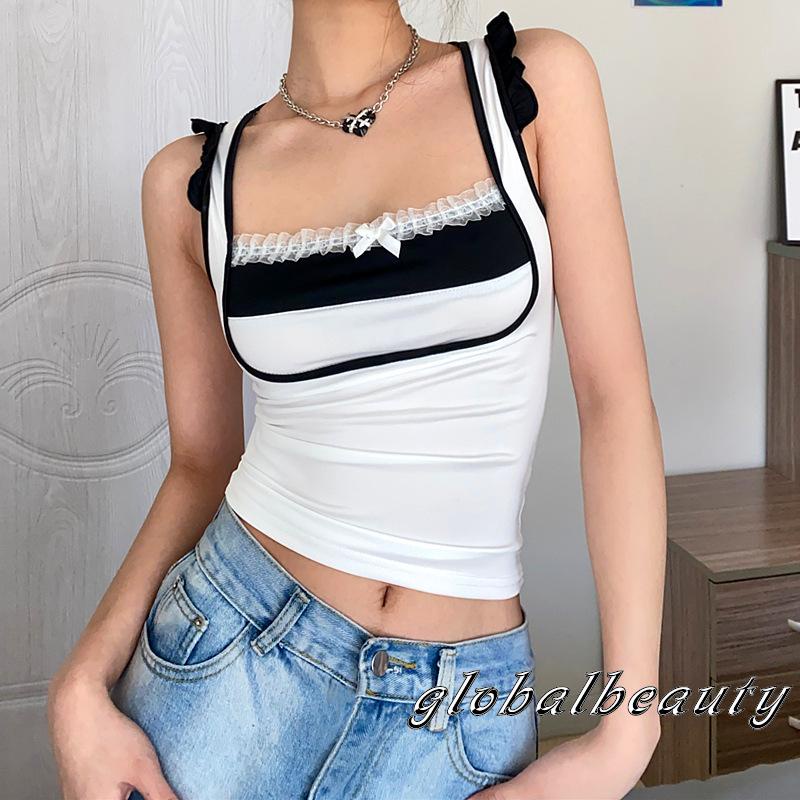 Áo Không Tay Cổ Vuông Viền Ren Màu Sắc Tương Phản Thời Trang Mùa Hè Cho Nữ